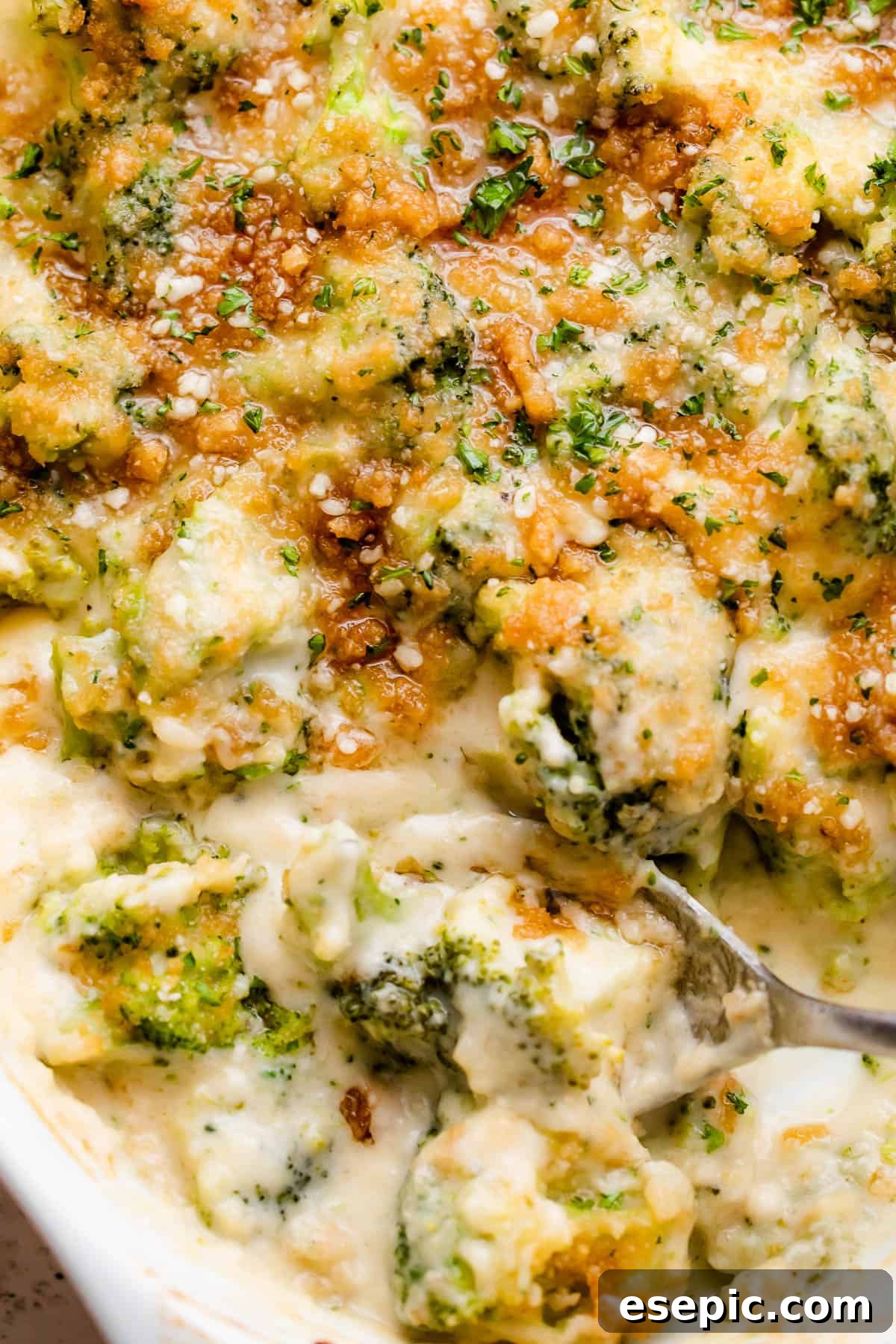 A close-up, inviting overhead view of the Creamy Cheesy Broccoli Casserole, showing the rich, melted cheese sauce bubbling around perfectly cooked broccoli florets, ready to be served.