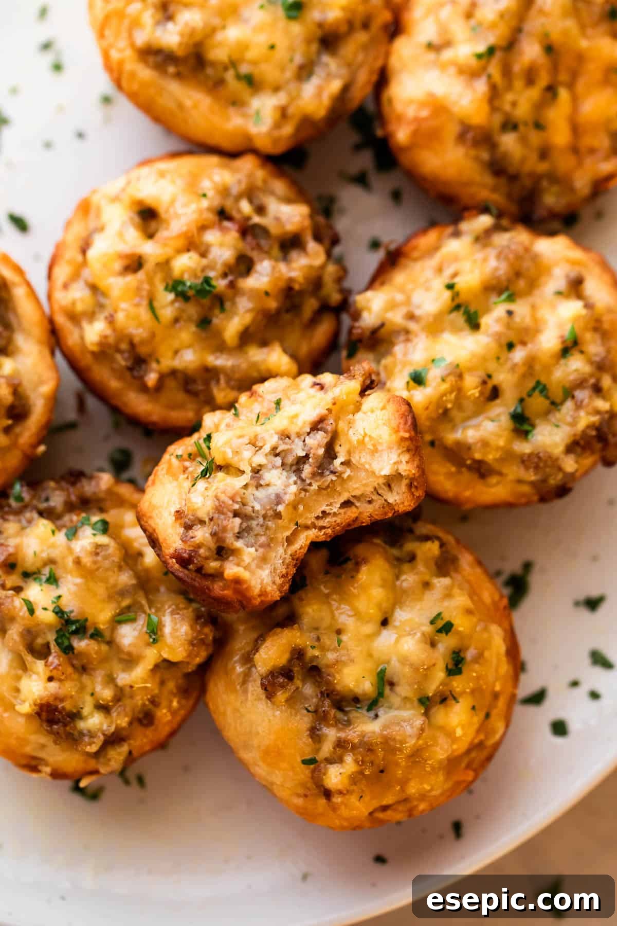 These breakfast egg cups are the perfect grab-and-go option! Italian sausage and scrambled eggs are topped with cheese and baked in a biscuit crust. Overhead shot of freshly baked sausage breakfast cups arranged on a light plate and garnished with chopped parsley.