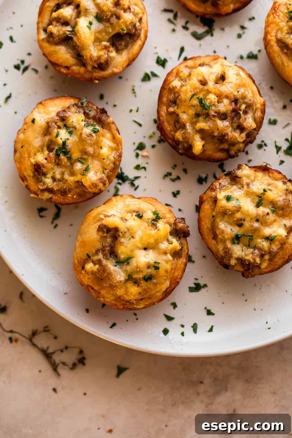 These breakfast egg cups are the perfect grab-and-go option! Italian sausage and scrambled eggs are topped with cheese and baked in a biscuit crust. Overhead shot of freshly baked sausage breakfast cups arranged on a light plate and garnished with chopped parsley.