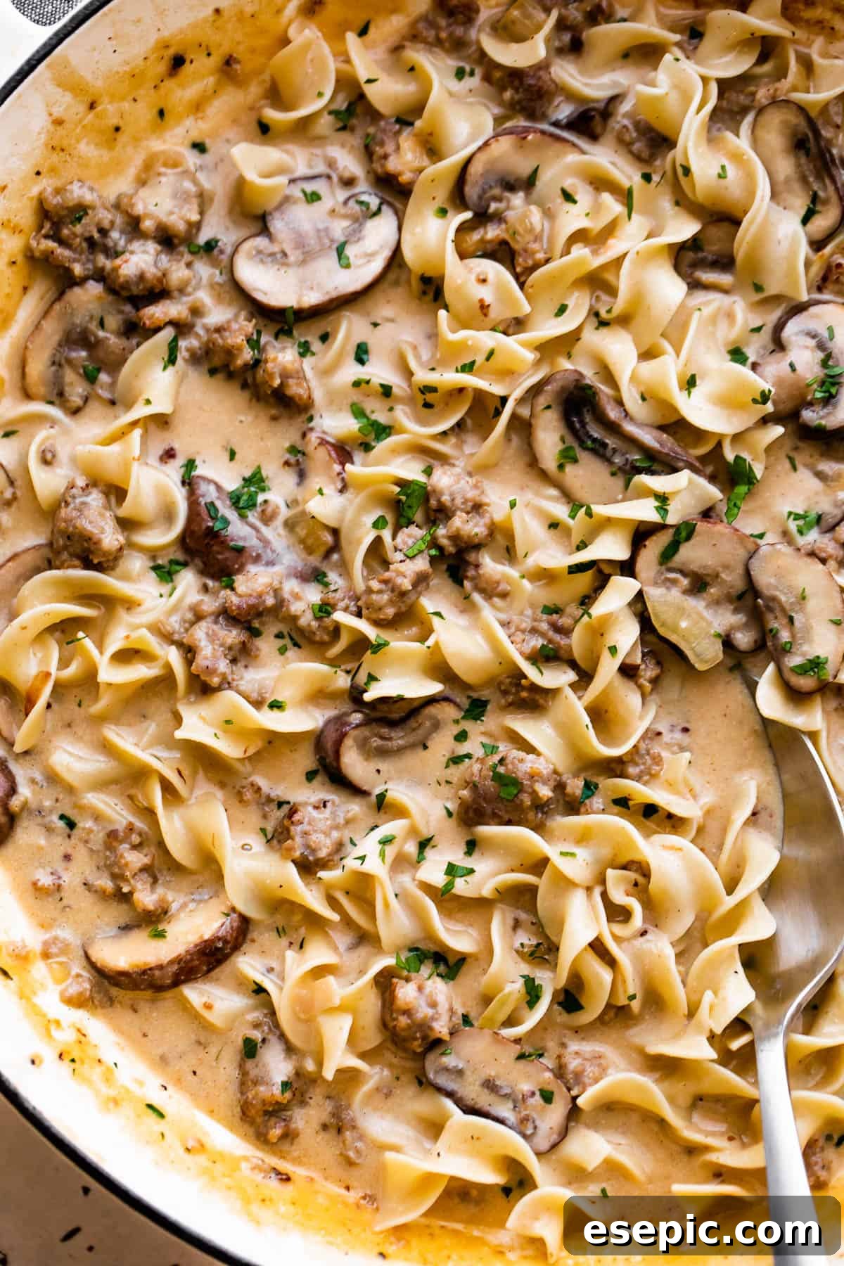 up close shot of beef stroganoff prepared with noodles, mushrooms, and beef.
