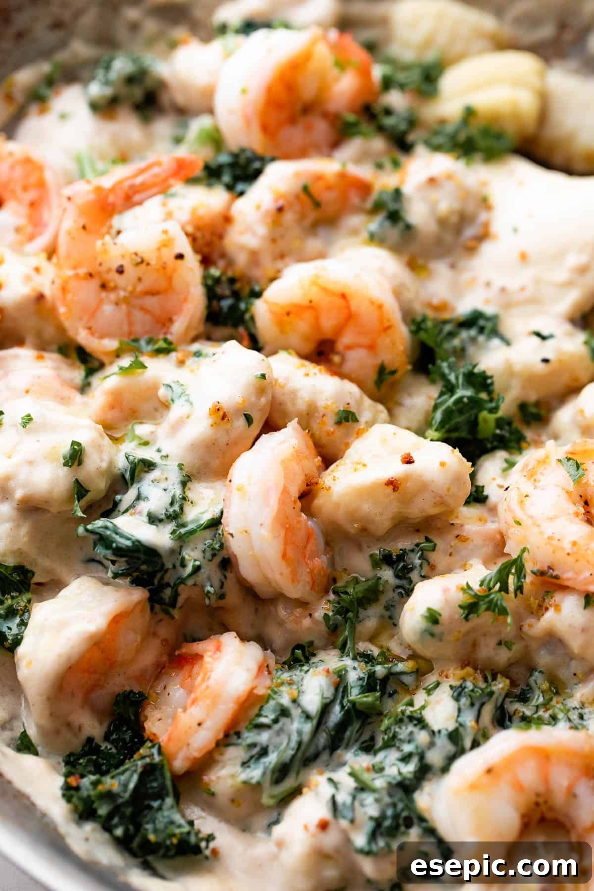 Velvety Parmesan Gnocchi with Succulent Shrimp 3 up close shot of a steel skillet filled with cream sauce, gnocchi, shrimp, and greens.