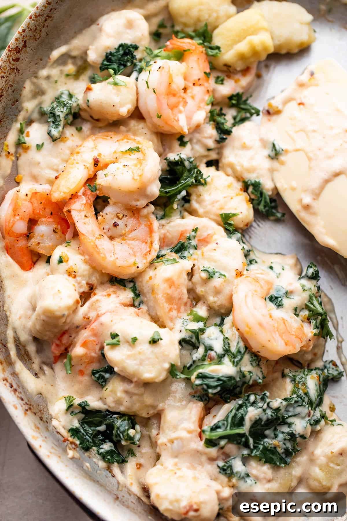 Velvety Parmesan Gnocchi with Succulent Shrimp 6 up close shot of a steel skillet filled with cream sauce, gnocchi, shrimp, and greens.