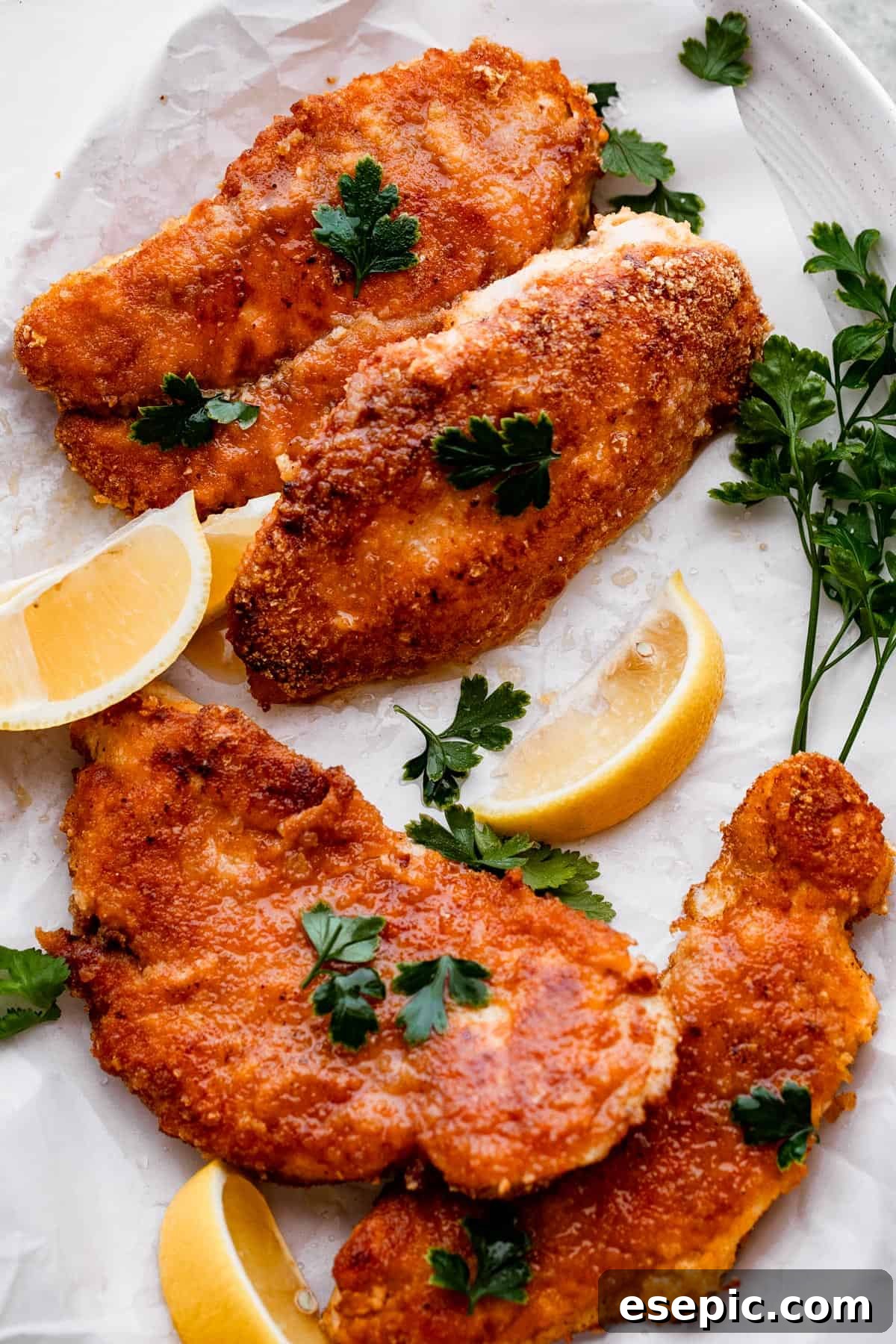 Perfectly Crispy Chicken Schnitzel 6 four slices of chicken schnitzel arranged on a white oval plate with lemon wedges set around the chicken and a garnish of parsley arranged over the chicken breast schnitzel.