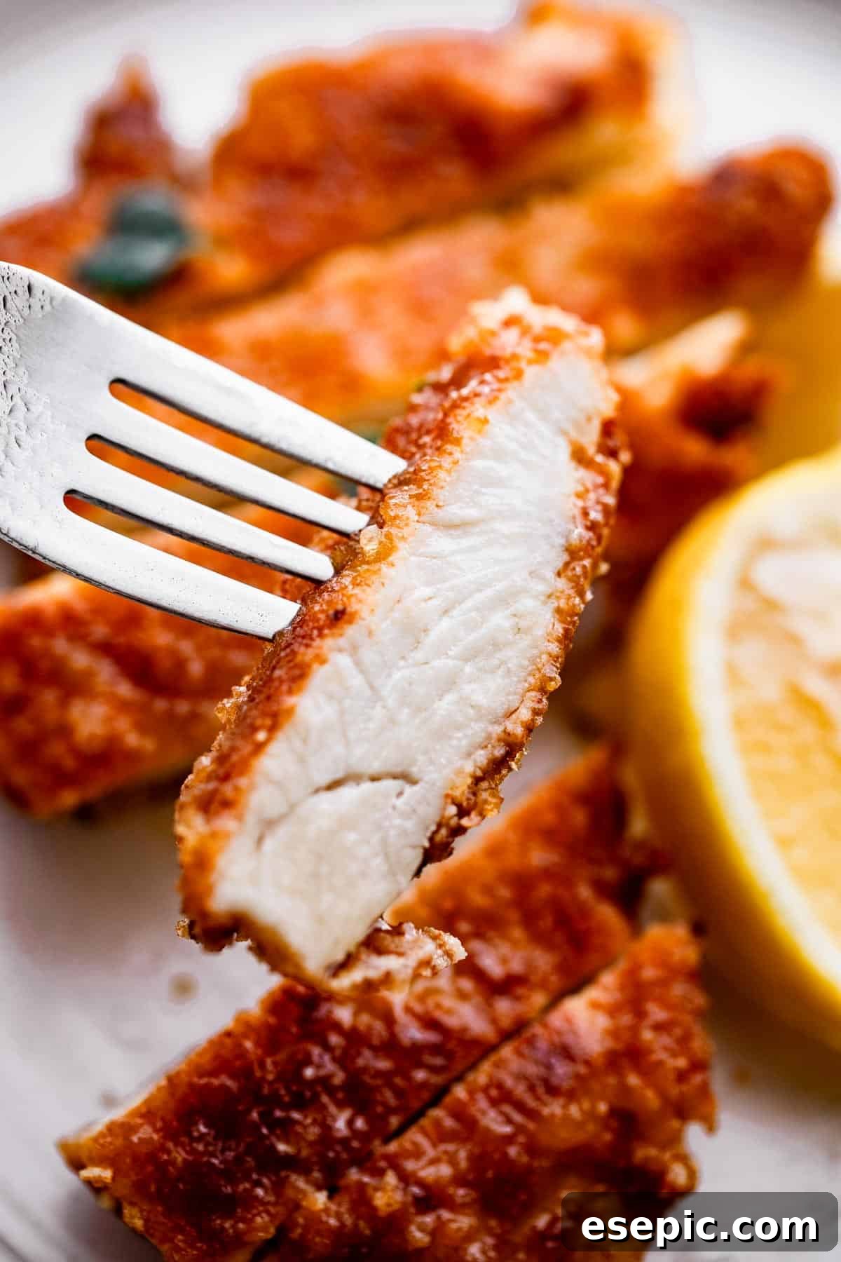 Perfectly Crispy Chicken Schnitzel 7 fork holding up a slice of chicken schnitzel