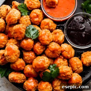 overhead shot of popcorn chicken arranged on a black plate with bowls of buffalo sauce and barbecue sauce placed right next to it.