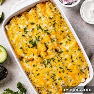 Tangy Tomatillo Chicken Enchiladas 11 Baked enchiladas in a white dish.