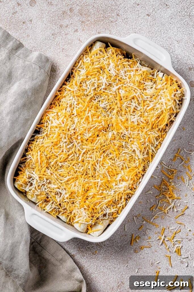 Tangy Tomatillo Chicken Enchiladas 7 A baking dish with rolled up tortillas and a topping of cheese.