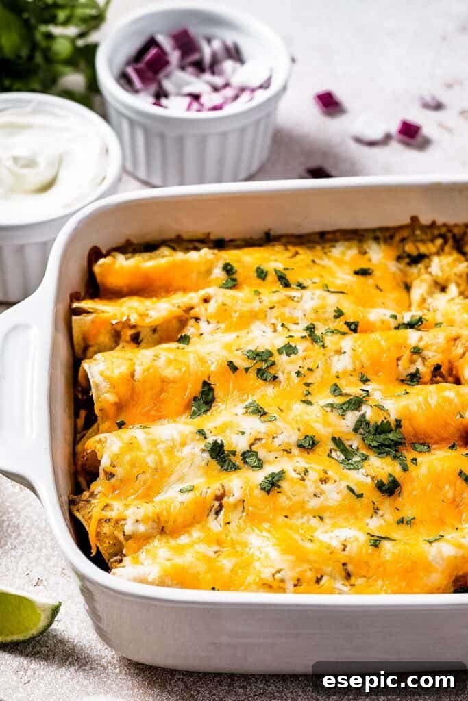 Tangy Tomatillo Chicken Enchiladas 8 Baked chicken enchiladas with a dish of sour cream and a dish of chopped red onion.