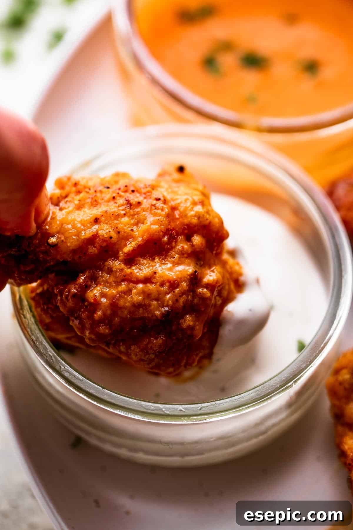 A close-up overhead shot showcasing the delectable Mango Habanero Hot Wings. The wings are glistening with their signature sweet and spicy glaze, ready to be devoured. The image captures the inviting texture and vibrant color that makes these wings so appealing.