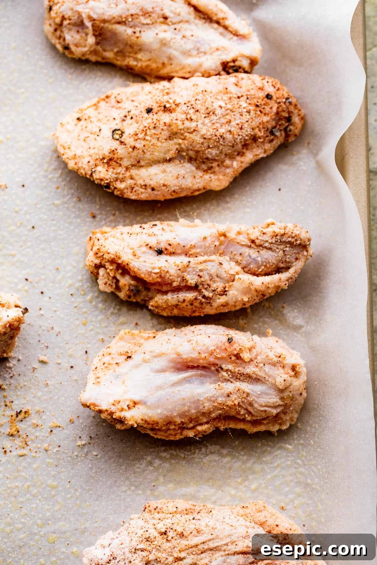 Raw chicken wings meticulously arranged in a single layer on a parchment-lined baking sheet, prepared for seasoning and baking. The image highlights the clean, organized prep stage of the recipe.
