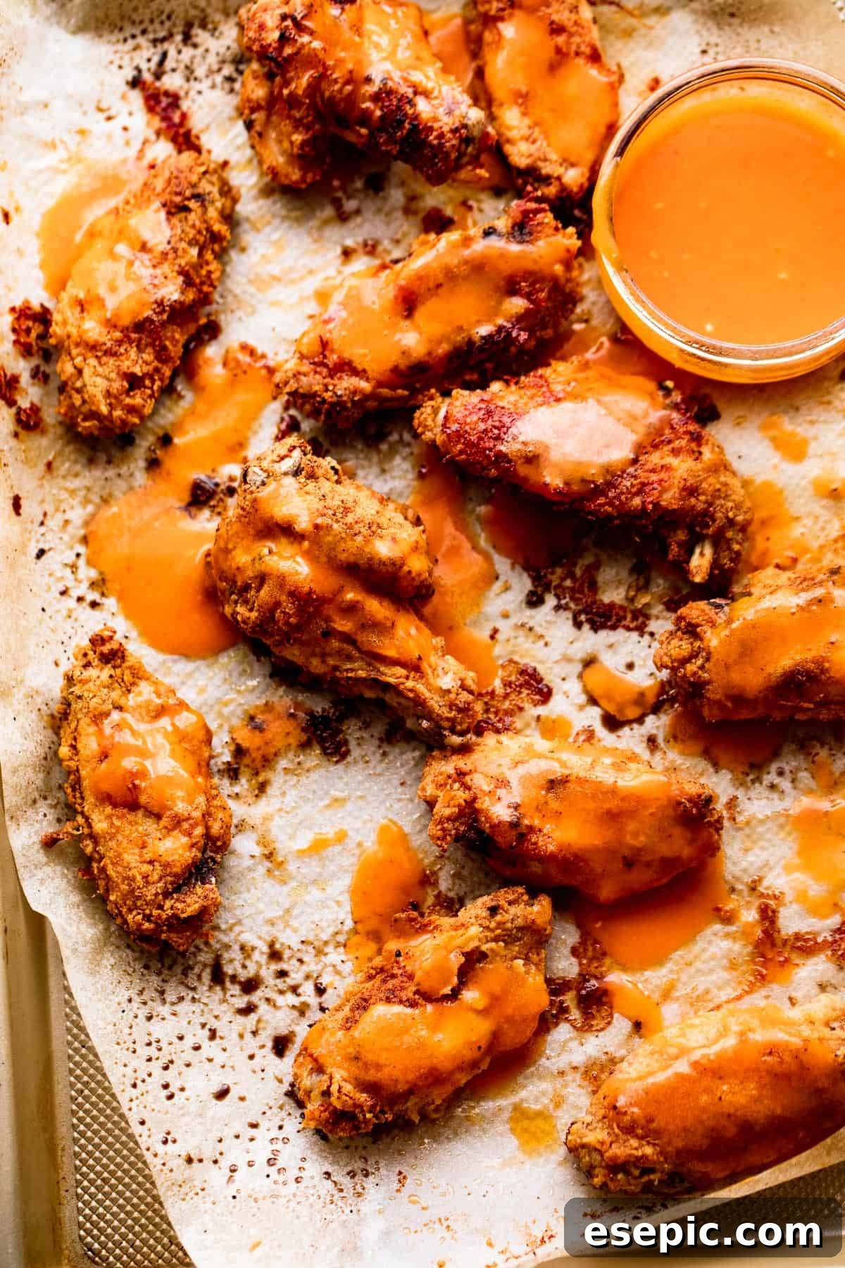 Freshly baked habanero hot wings resting on a baking sheet, their vibrant sauce glistening. A jar of buffalo dipping sauce is placed conveniently next to the wings, inviting indulgence.