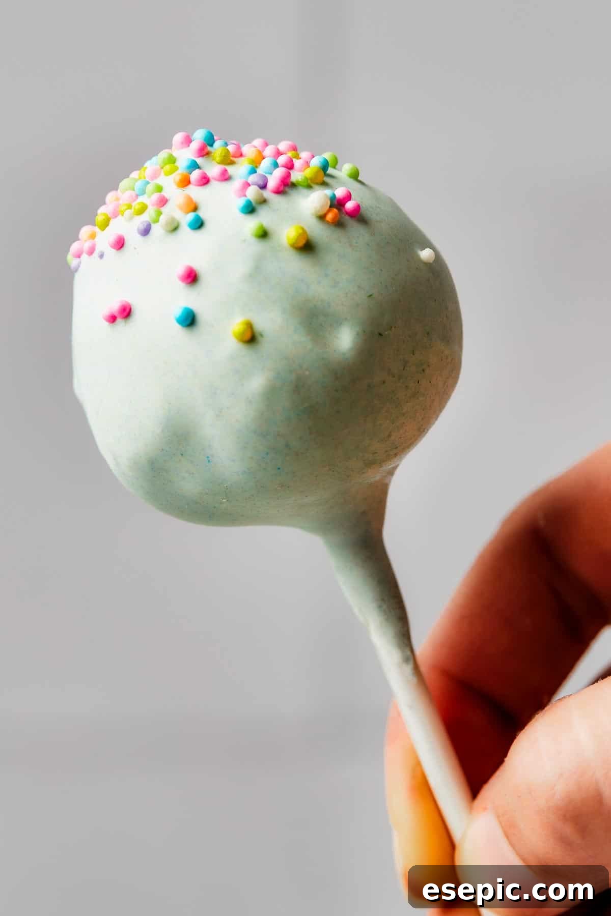A beautifully decorated pastel-colored cake pop with vibrant sprinkles, showcasing its festive appeal.