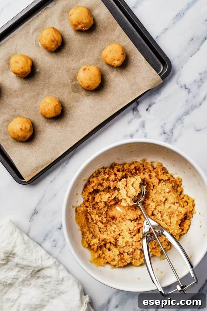 A parchment-lined baking sheet with uniform balls of cake dough lined up, alongside a mixing bowl of dough and a cookie scoop.