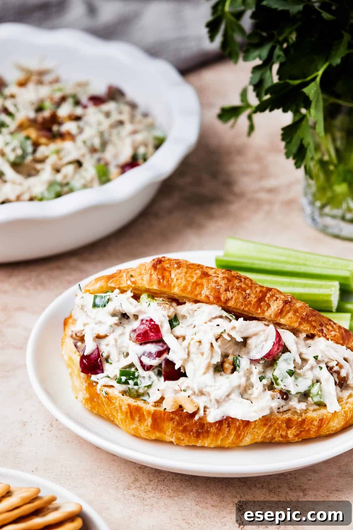 Chicken salad served in a split croissant, garnished with fresh herbs.