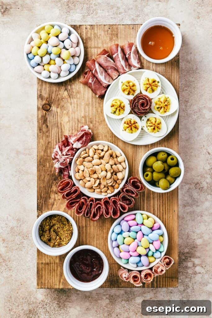 A rectangular cutting board with bowls of olives, condiments, jordan almonds, marcona almonds, and a plate of deviled eggs placed at random.