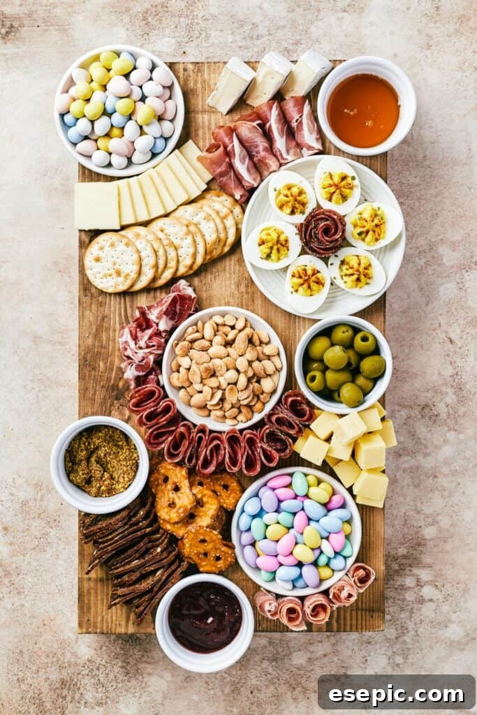A wooden cutting board with dishes of ingredients, folded and rolled sliced meats, sliced and cued cheeses, and an assortment of crackers arranged on top.