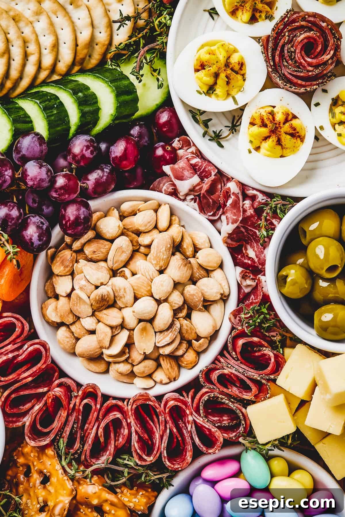Close-up shot of marcona almonds in a dish, surrounded by folded salami, dried apricots, red grapes, olives, and more.