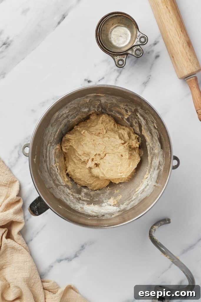 A soft, smooth yeast dough resting in the bowl of a stand mixer, ready for its rise.