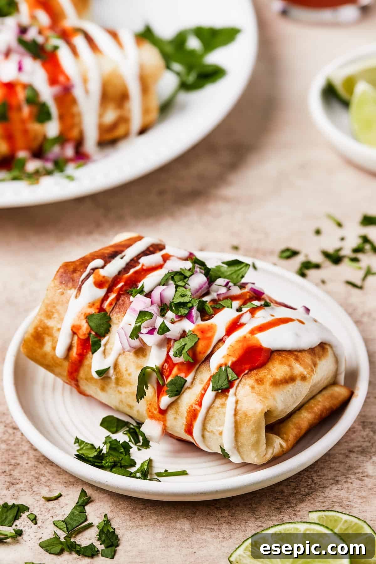 Golden Fried Chicken Chimichangas from Scratch 3 Close-up shot of fried chicken chimichangas with various fresh toppings like sour cream, cilantro, and lime.