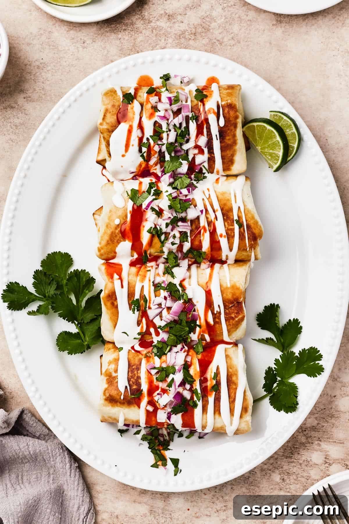 Golden Fried Chicken Chimichangas from Scratch 8 A plate of fried chimichangas, beautifully garnished with sour cream, hot sauce drizzle, chopped cilantro, lime wedges, and red onion.