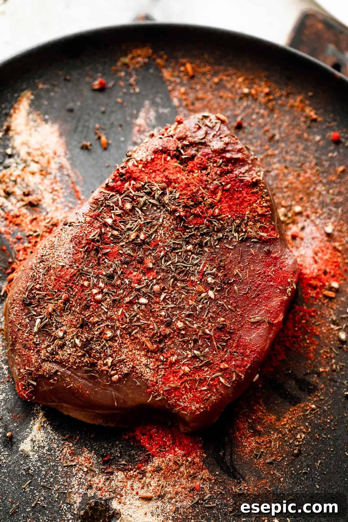 Raw tuna seasoned with a dry rub.