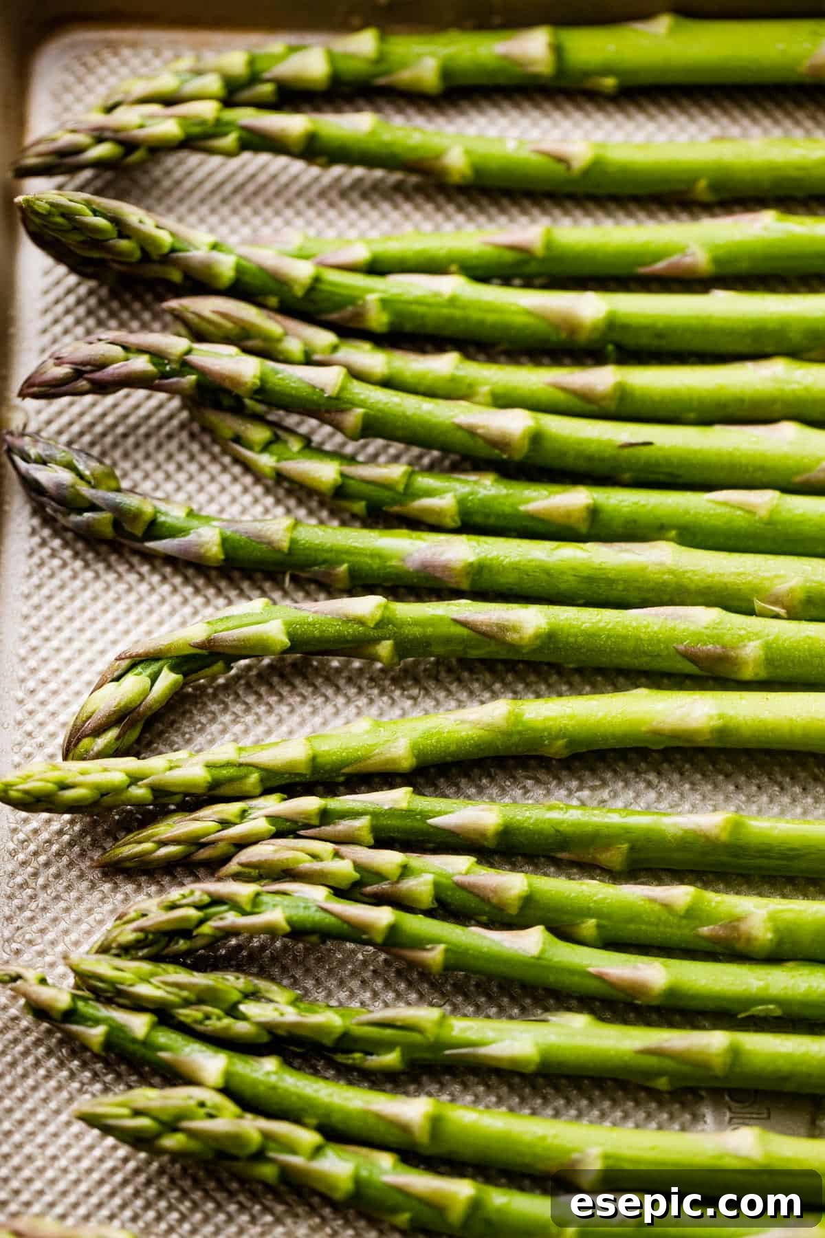 Perfectly Roasted Garlic Butter Asparagus 4 Raw, vibrant green asparagus spears are perfectly arranged in a single layer on a parchment-lined baking sheet, awaiting roasting.
