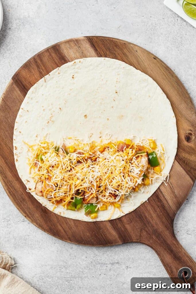 One half of a large flour tortilla covered with a layer of shredded cheese and chopped vegetables, ready to be folded.