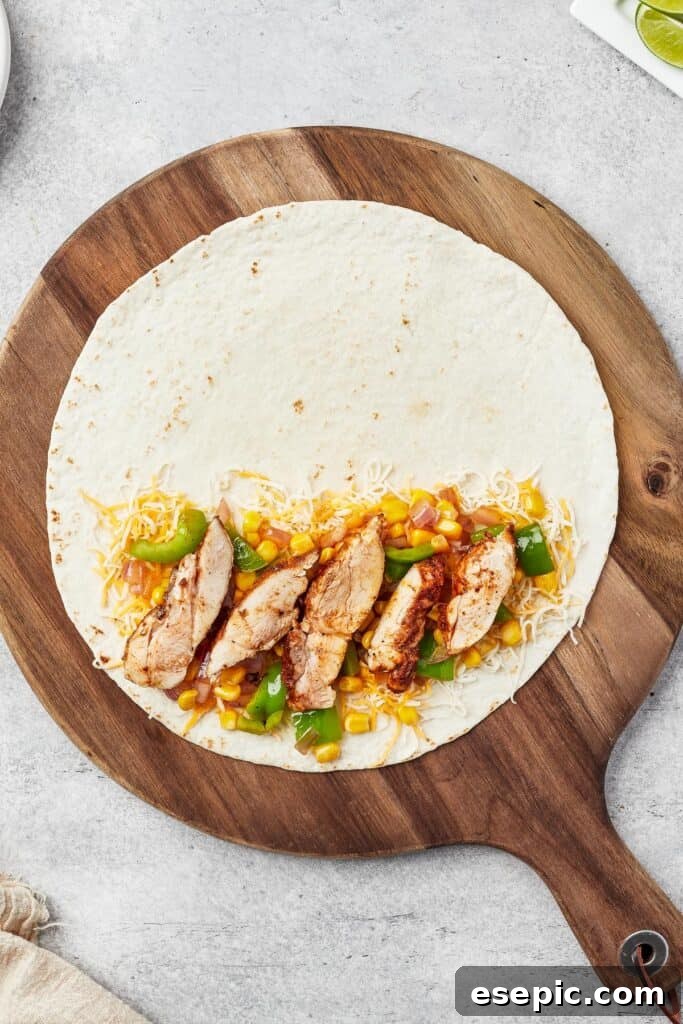 One half of a large flour tortilla layered with shredded cheese, cooked chicken pieces, and chopped vegetables, prepared for folding.