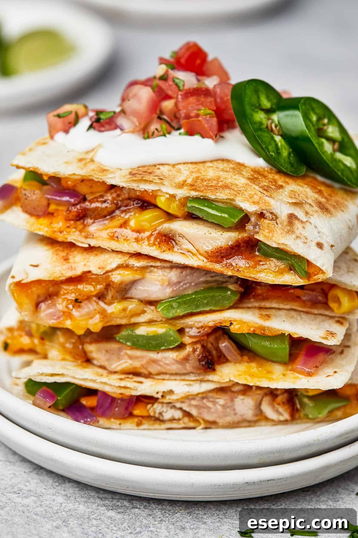A stack of golden brown chicken quesadillas presented on a plate, highlighting the texture and melted cheese.