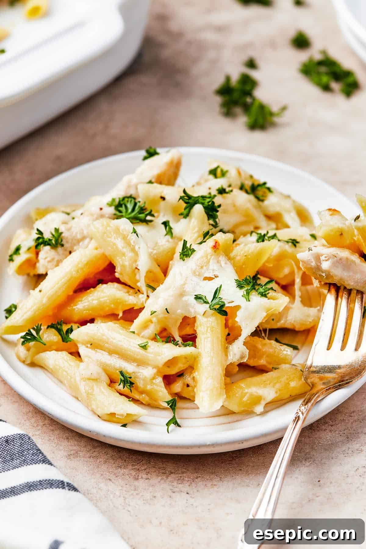 Chicken pasta with creamy sauce and melted cheese, on a small serving plate with a fork, ready to be enjoyed.