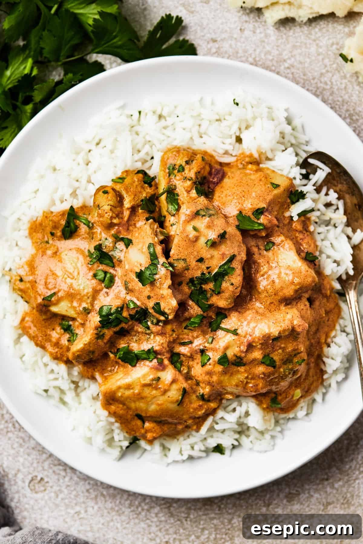 A generous serving of homemade Butter Chicken over fragrant white rice, ready to be enjoyed.
