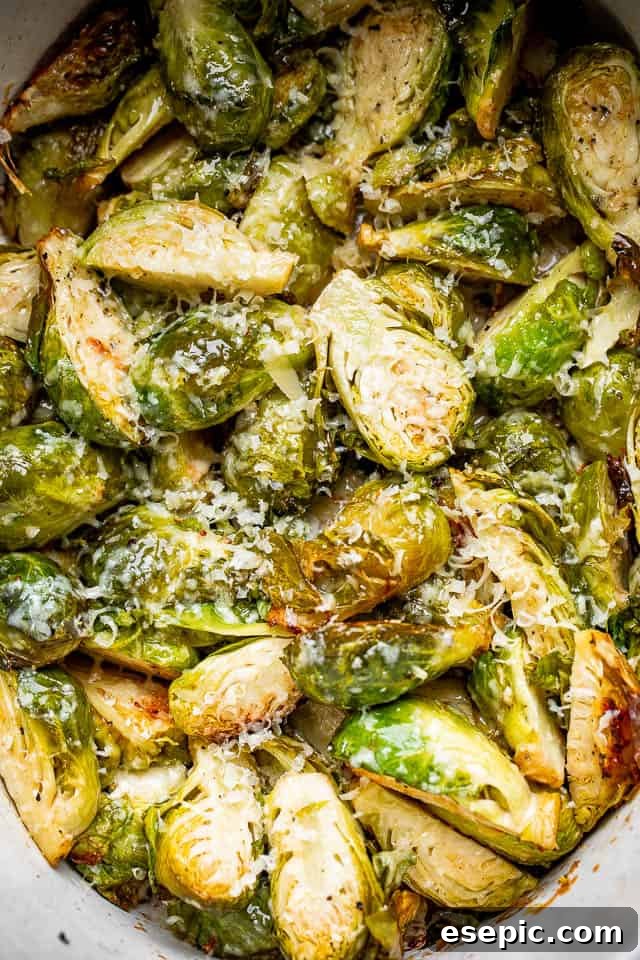 Hearty slow-cooked Brussels sprouts garnished with melted Parmesan. A close-up shot of cooked Brussels sprouts in a serving dish, generously topped with freshly grated Parmesan cheese and ready to be enjoyed.