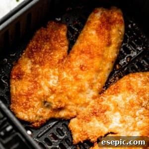 Two cooked tilapia fillets arranged inside of a black air fryer basket.