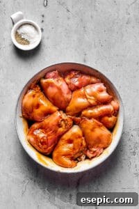 Creamy Peanut Chicken Delight 2 Boneless, skinless chicken thighs marinating in soy sauce.