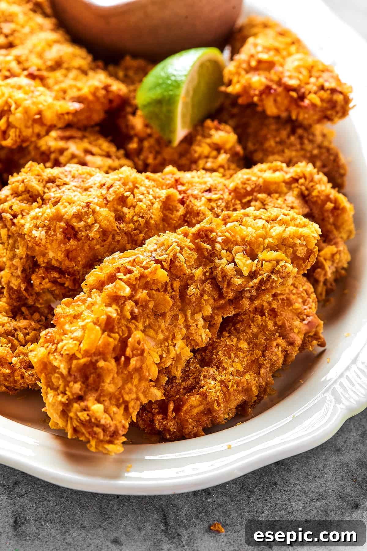 Utterly addictive, this easy recipe for Air Fryer Chicken Tempura is a favorite! Tender, juicy chicken strips are coated in a light and crispy batter, and then air-fried to golden perfection. Close-up shot of air fryer chicken tempura, to show texture.