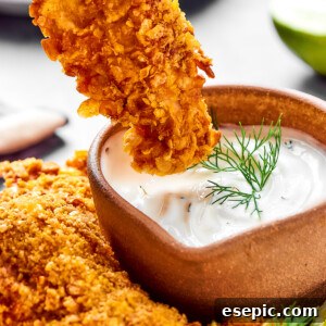 A piece of chicken tempura being dipped in creamy sauce.
