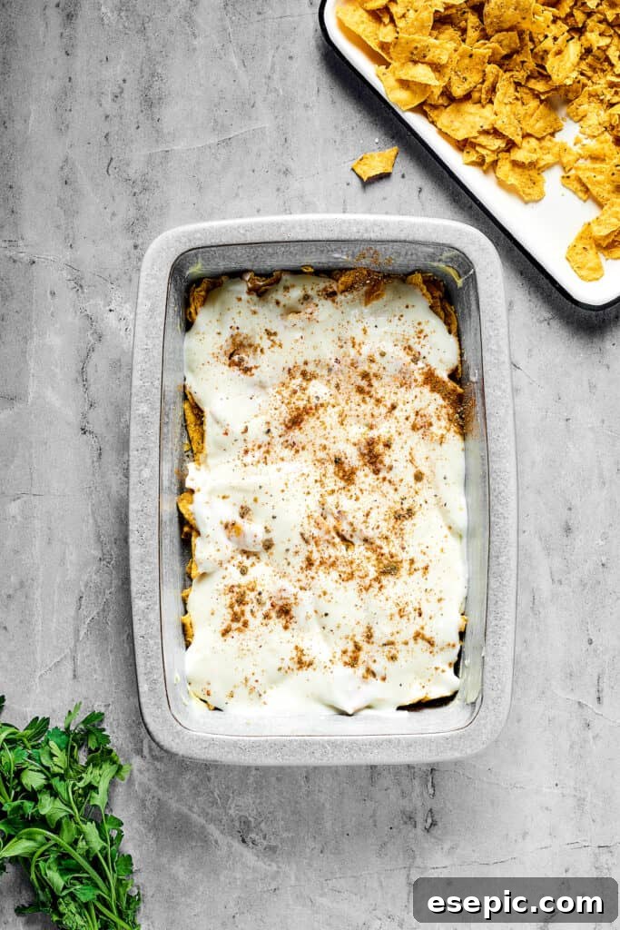 A baking dish with white sauce, chips, and seasoning in the bottom.