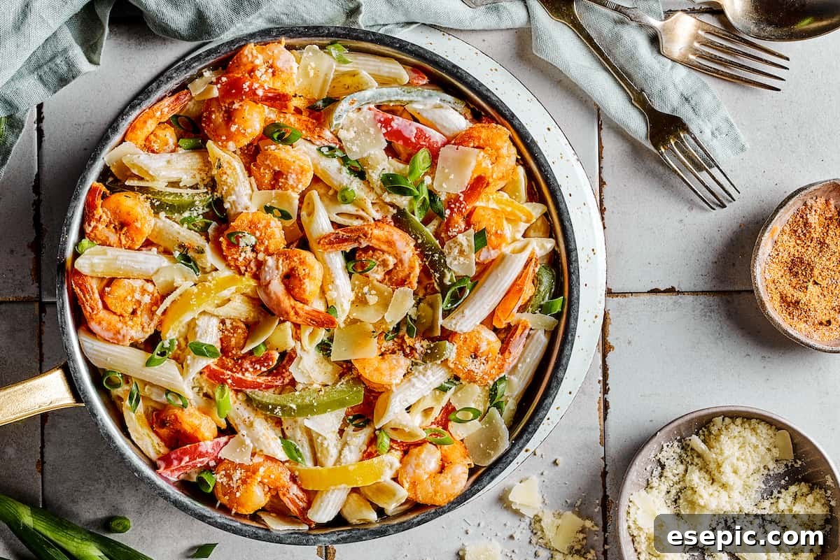 A skillet dinner of creamy pasta and shrimp, ready to be served.