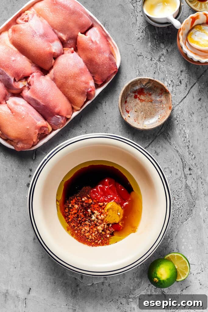 A platter of raw, boneless skinless chicken thighs, next to several small dishes of ingredients that have been emptied into a larger bowl to make a marinade.