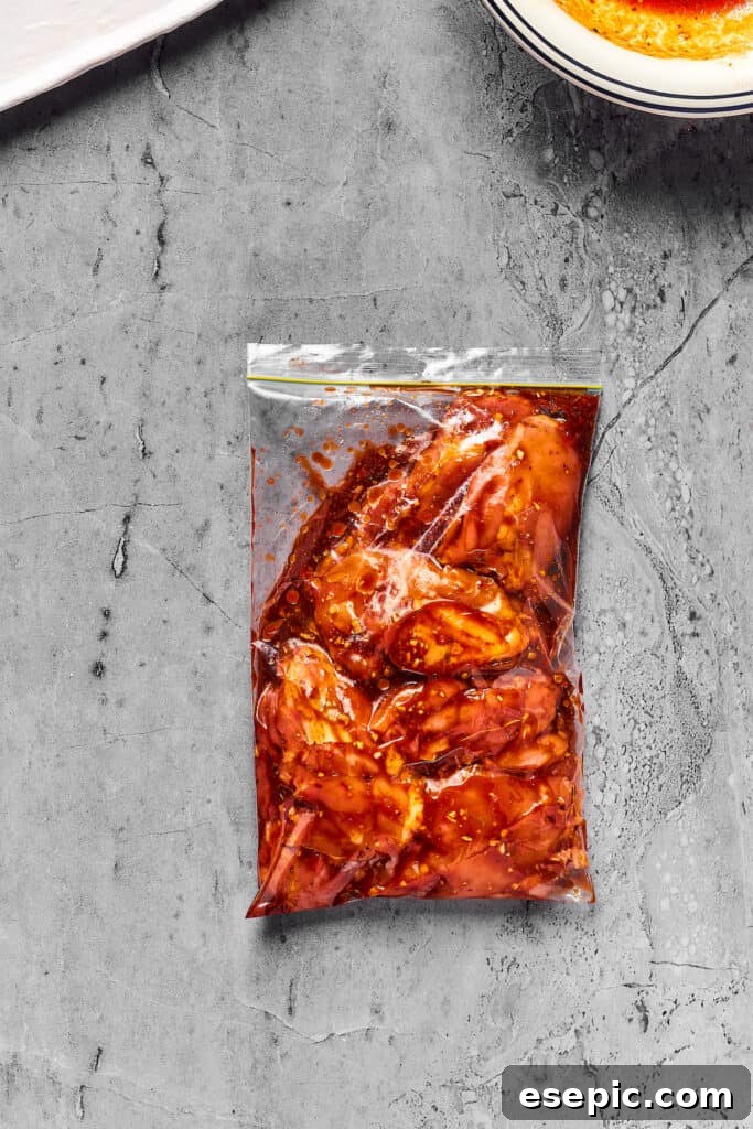 Chicken thighs marinating in a zip-top bag.