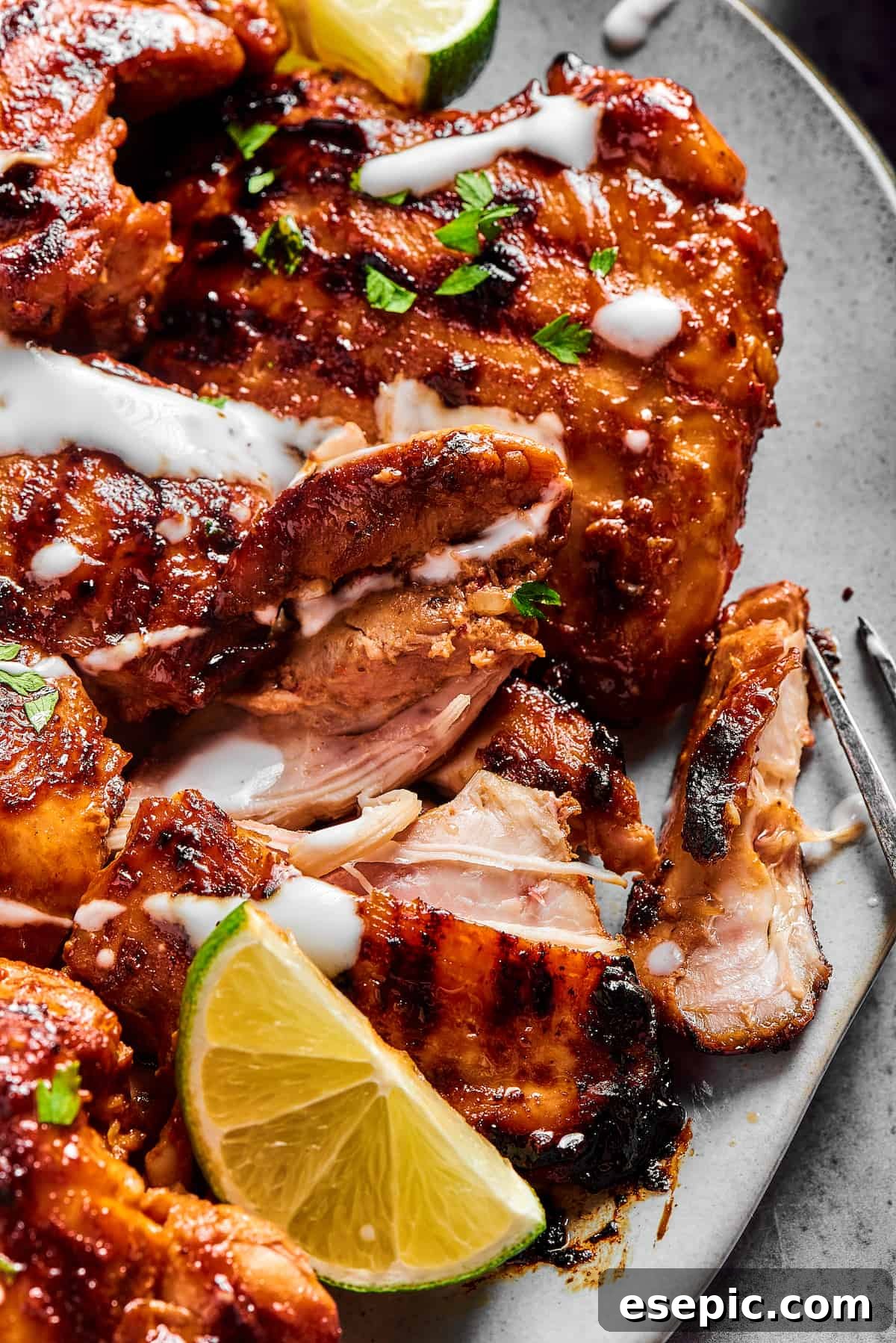 Grilled chicken on a white plate with herbs and yogurt.