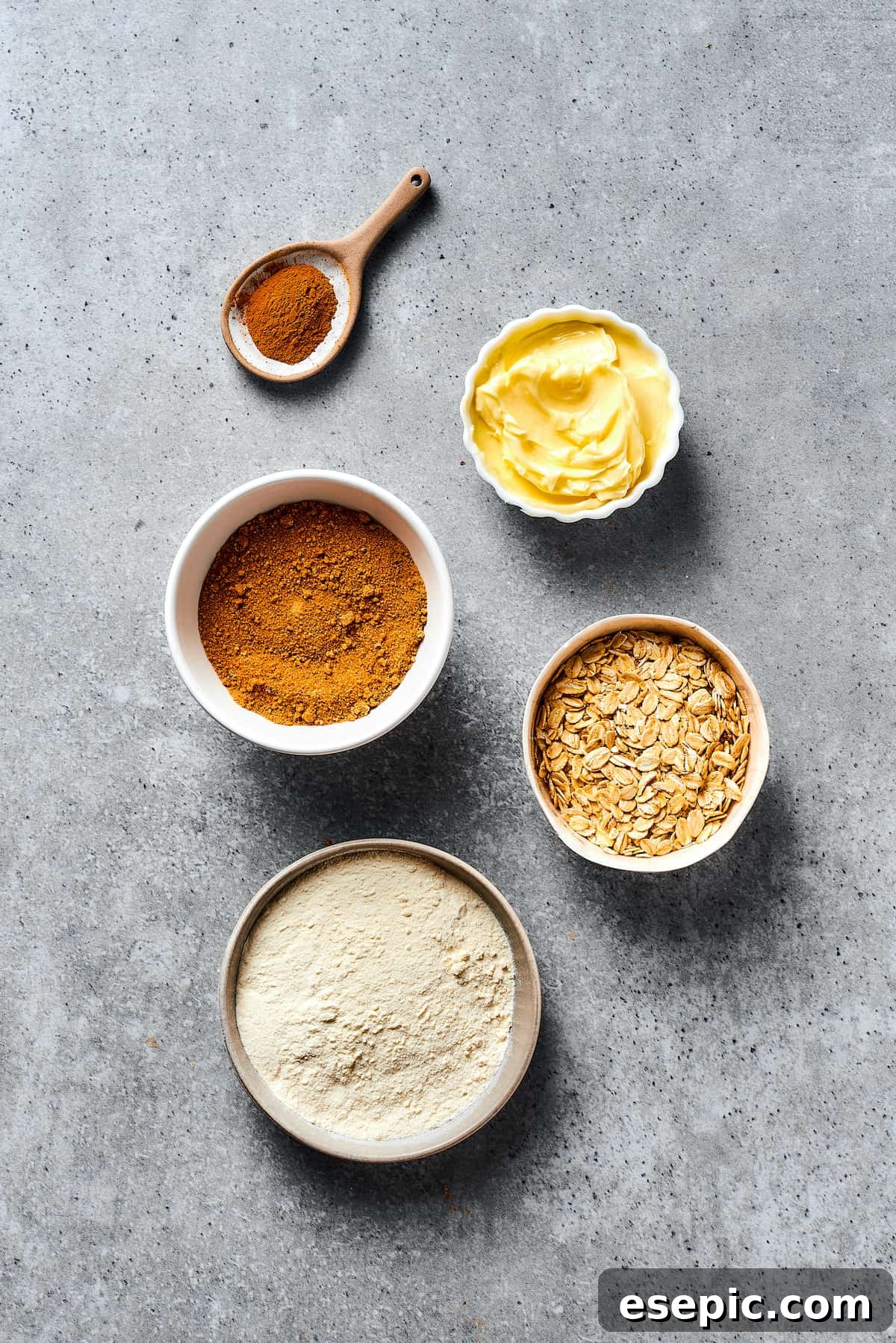 Ingredients for the streusel topping: cinnamon, butter, rolled oats, flour, and brown sugar.