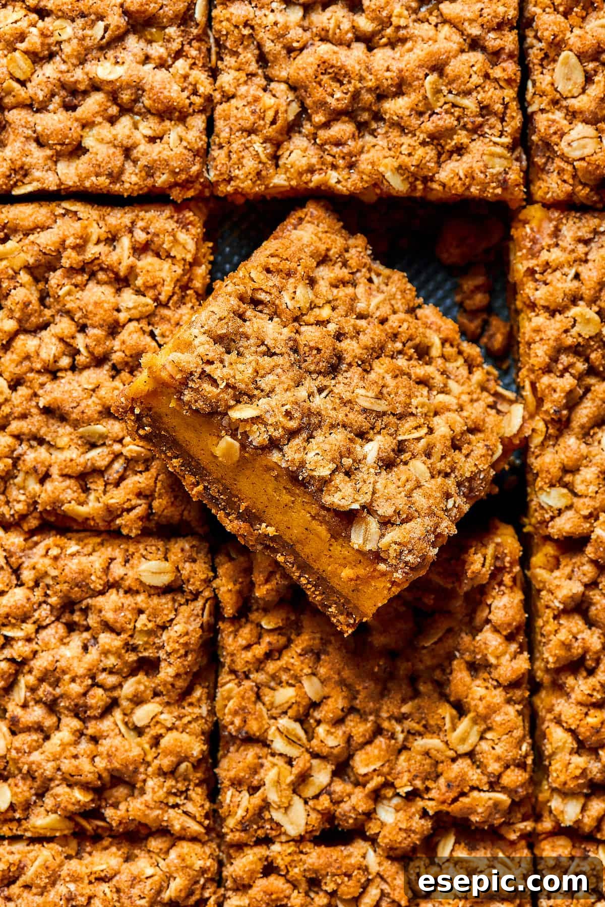 An overhead shot of pumpkin cheesecake bars in a baking pan, with one bar turned diagonally to show off the distinct layers of crust, cheesecake, and streusel.