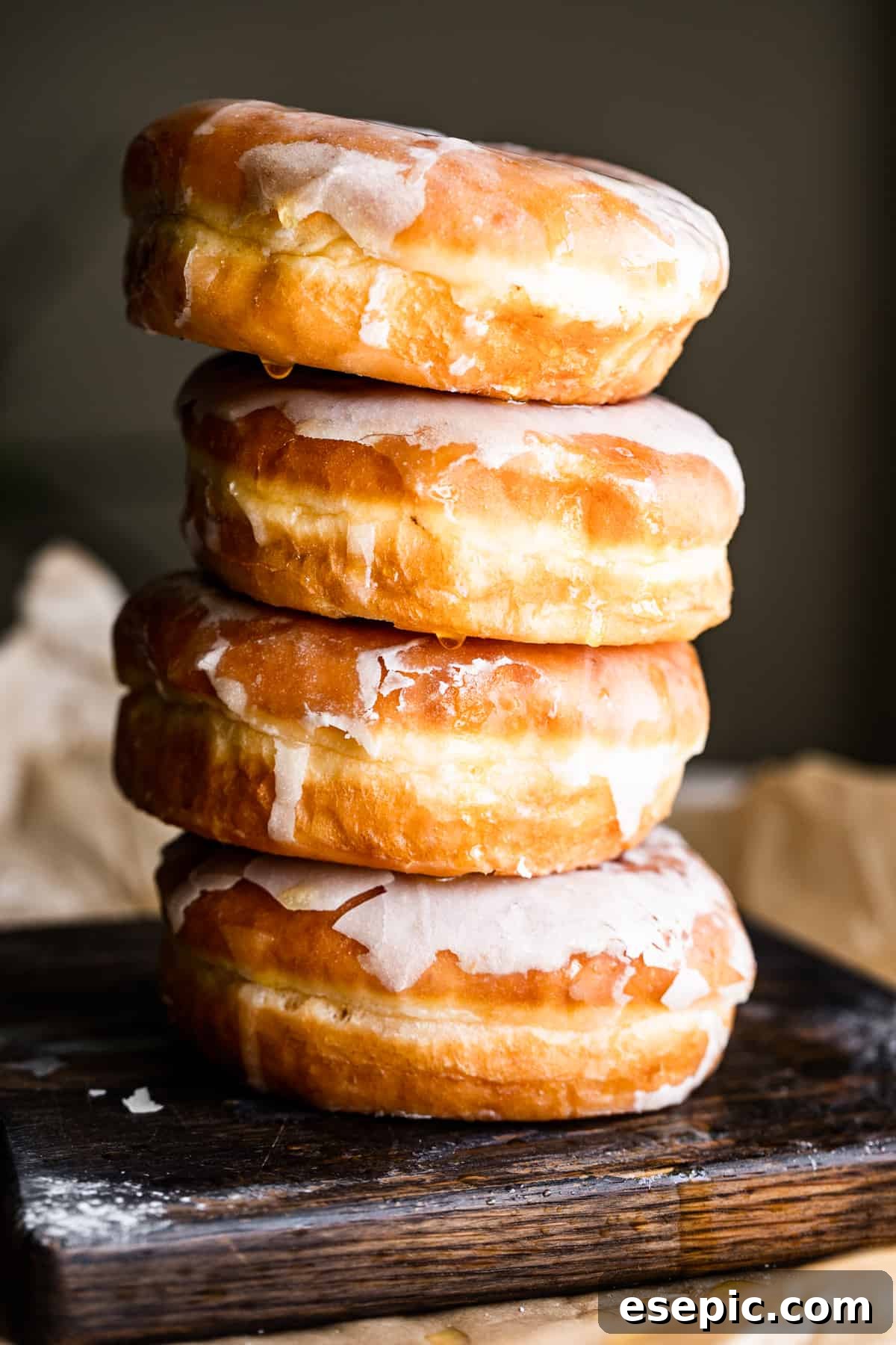 Cozy Baked Apple Cider Doughnuts with Maple Drizzle 2 four baked apple cider doughnuts stacked one on top of the other, showcasing their golden hue and maple glaze, pictured against a warm brown backdrop.