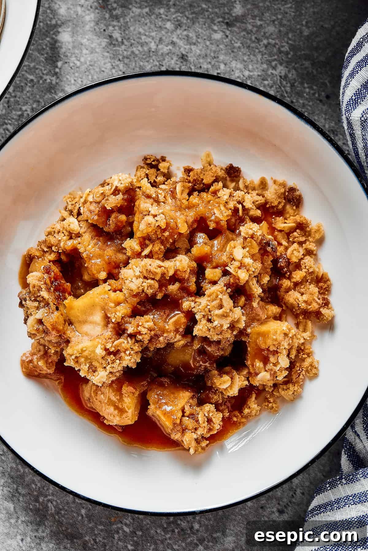An overhead shot of baked apple dessert with an oat crisp topping. A delicious homemade apple crisp.