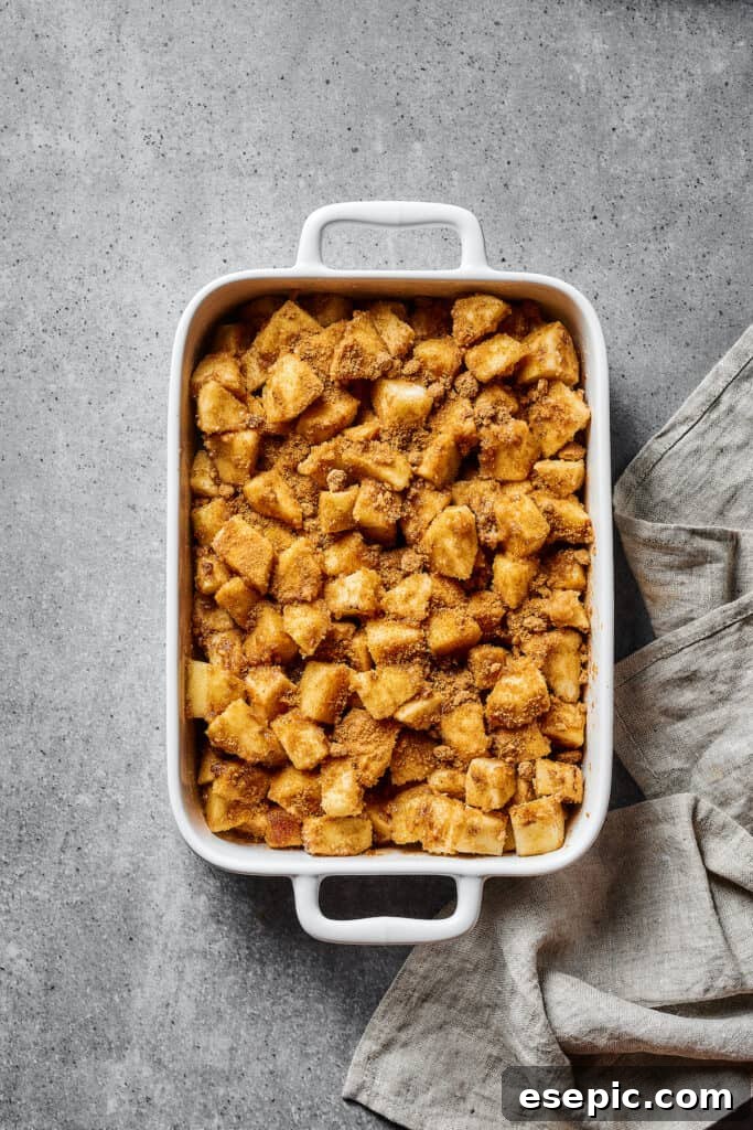 The spiced, floured apple mixture is now spread evenly in a large white baking dish, awaiting its crumbly topping.