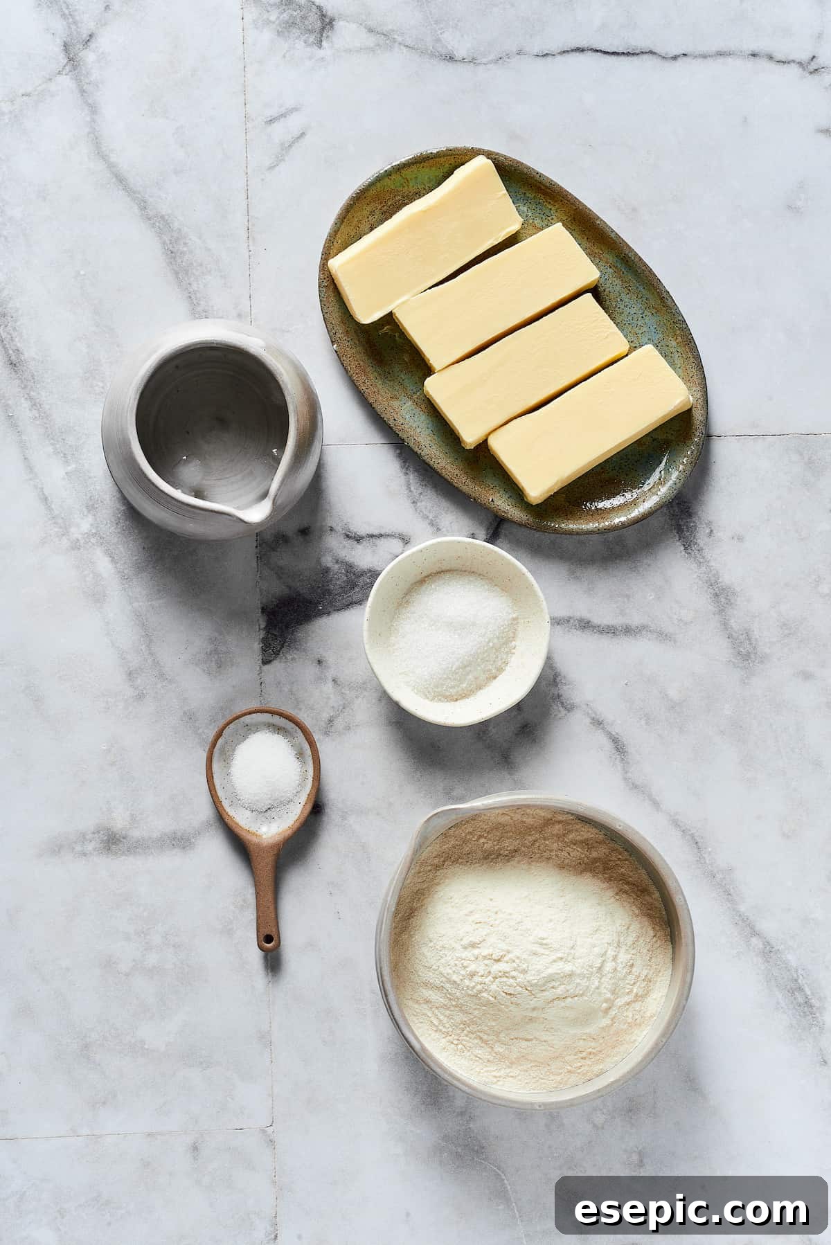 From Top: Butter, sugar, flour, salt, and ice water.