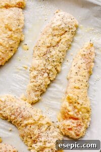 Raw chicken tenders coated in batter and Panko breadcrumbs, ready for baking