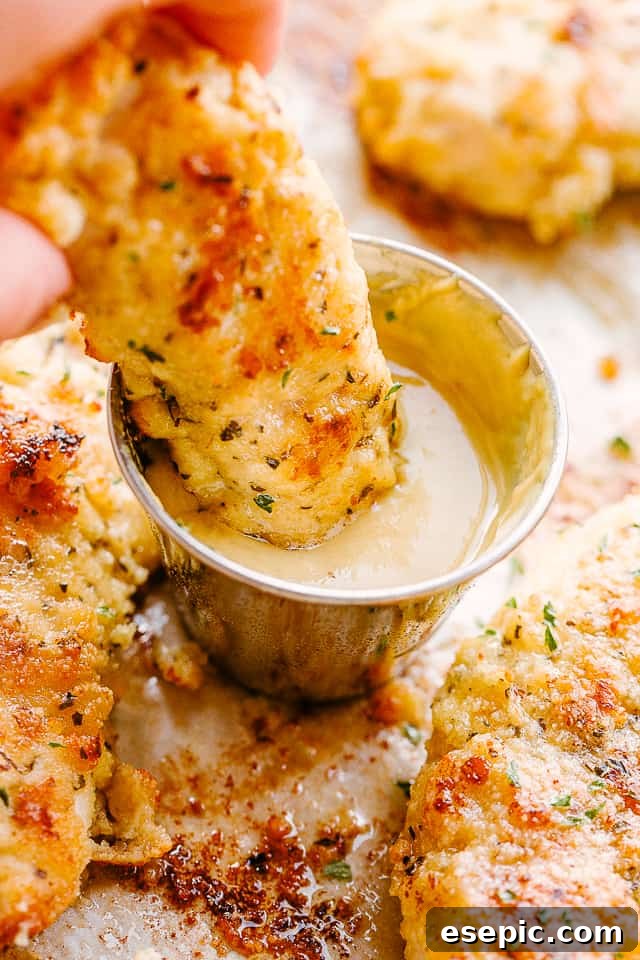 Close-up of a chicken tender being dipped into a bowl of honey mustard sauce