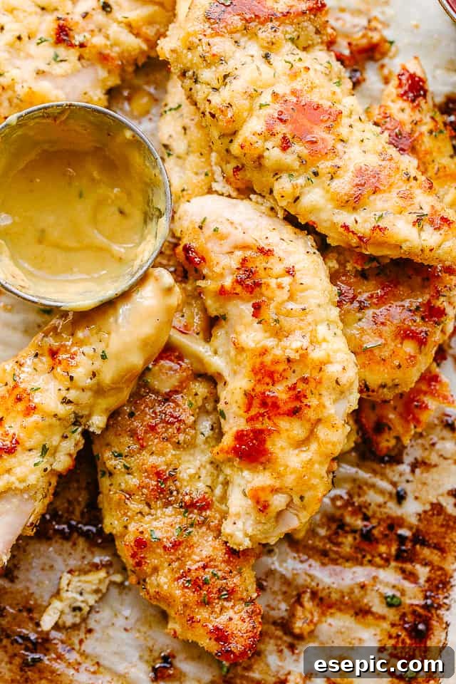 Oven baked chicken tenders served on a platter with a bowl of honey mustard sauce and fresh parsley garnish